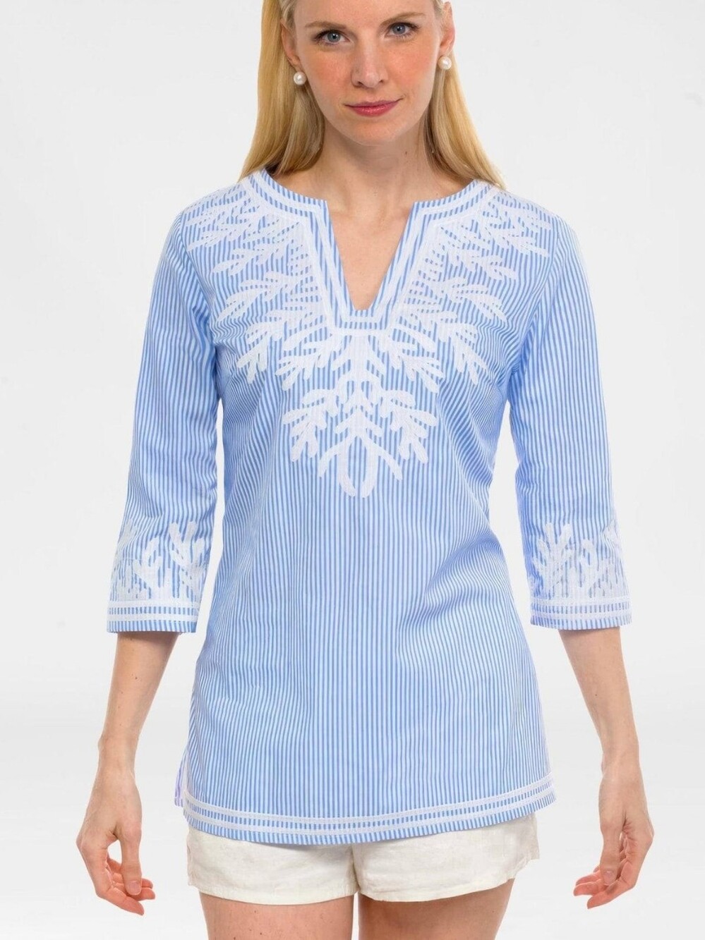 Gretchen Scott Designs Blue & White Striped Embroidered Tunic